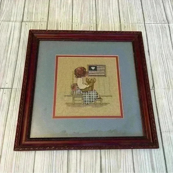 Framed Patriotic Teddy Bear Cross Stitch Embroidered Handmade - Picture 1 of 5